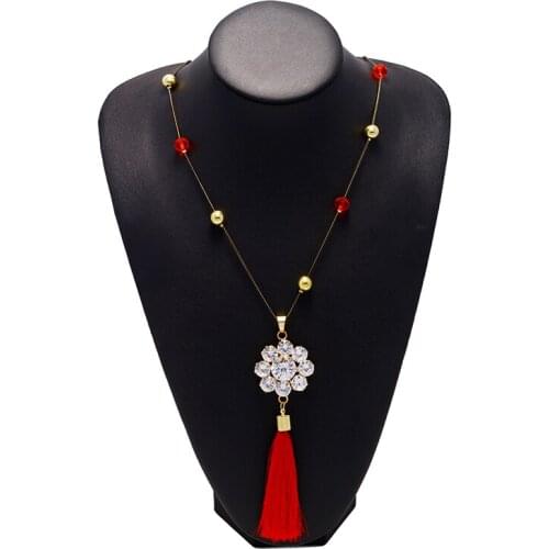 Female Rhinestone Zircon Sunflower Pendant Necklace Sweater chain Necklaces Women jewelry Fashion Red Tassel Long Necklaces XL15