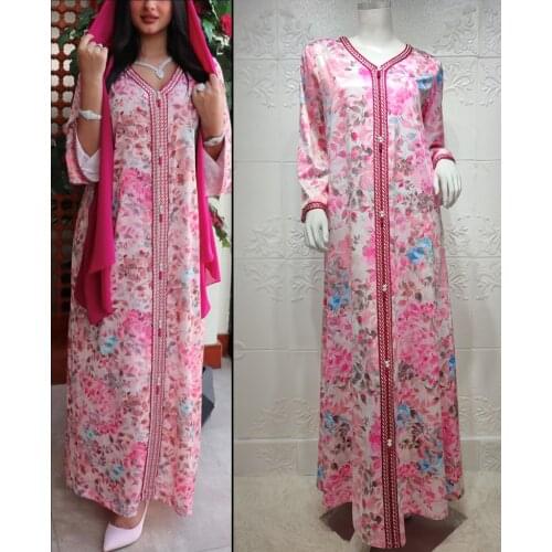 New Pink Floral Maxi Dress for Women Ethnic Ribbon V Neck Dubai Turkey Arabic Moroccan Caftan Muslim Plus Size Female Clothes