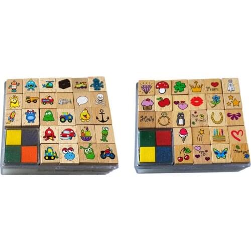 New 26pcs/Set Wooden Stamps Crafting Cartoon Pattern Stamps With Ink Pad Children Toy Stamps Kids Seal DIY Cartoon Stamper Toys