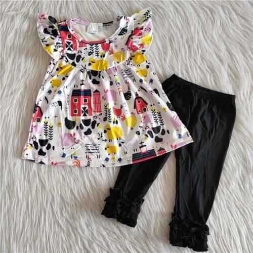Spring Fall Baby Girls Boutique Outfits Sleeveless Animals Farm Life Tunic 100% Cotton Legging with Ruffles