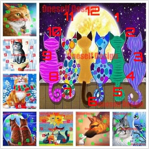 Hot sale diamond painting clock animal cat diamond embroidery clock cute cat rhinestone pictures decoration home diamond art kit