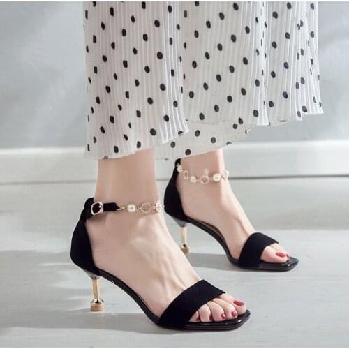 One Word Buckle Exquisite Rhinestone Pearl Open Toe 6 Cm High Heel Ladies Sandals Summer Fashion Temperament High Heels