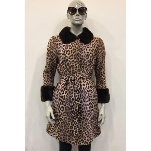 Womens Genuine Leather Winter Coats New Fashion Elegant Outerwear Natural Jacket Pink Leopard Real Pony Leather Rex Collar Cuff