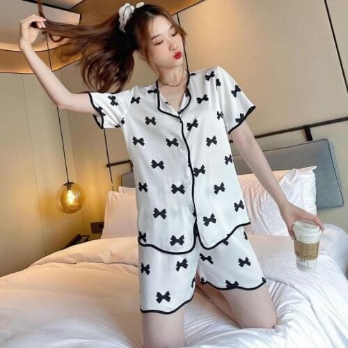 Summer Satin Pajamas Sleep Suit Female Nightwear Intimate Lingerie Print Bow Sleepwear Casual Short Sleeve Pyjamas Home Sets