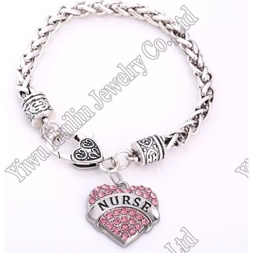 NURSE Heart Love Clear Rhinestone Heart Charm Bracelet Wristband