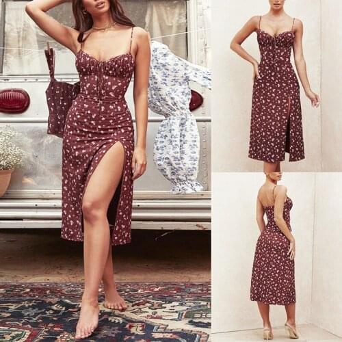 Summer Ladies Split Dress Floral Tie Front V-Neck Elegant Sexy Fashion Ladies Spaghetti Belt Wine Red Dress