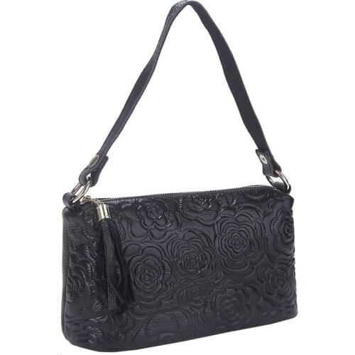 Europe Fashion genuine Leather Rose embossing Cowhide handbag small bag new shoulder diagonal bag Female wild rose tassel bag