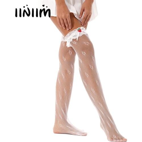 1 Pairs Womens Lace Trimming Knee High Socks Lolita Role Play Costume Accessories Bows Strawberry Decor Hollow Out Stockings