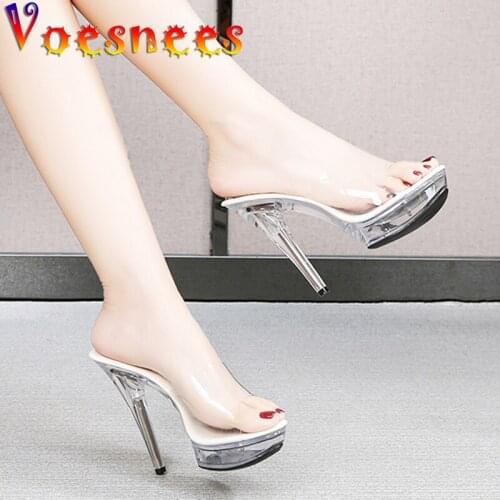 Voesnees Transparent Women Slippers 2021 Summer Flowers Non-slip Crystal Female Shoes Thin Heel Sandals 12.5cm Glowing High Heel