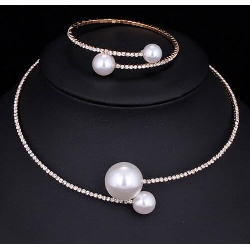 Women Rhinstone Choker Simple Design Pearl Necklace Adjustable Charm Necklace With Bracelet For Wedding Party Best Gift