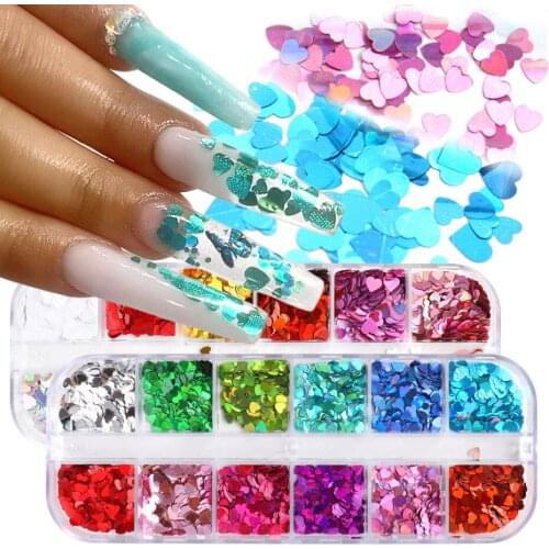 12 Grids Sweet Love Heart Nail Glitter Sequins Rose Gold Silver Shining Laser Nail Art Paillette Manicure Decorations