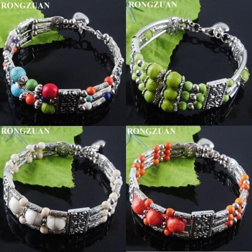 4pcs Tibetan Antique vintage bracelets Turquoises Stone Round Beads Bracelet Cuff Bangle Jewelry for women Girls 6.5"-7" TBZ02