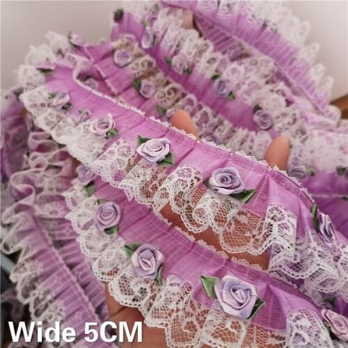 5CM Wide Luxury Double Layers Mesh Purple Organza Pleated Lace Applique Trim Embroidery Flowers Ribbon DIY Sewing Fringe Decor