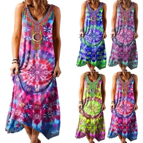 50% Hot Sales!!! Women Bohemian Sundress Sleeveless Ethnic Print V Neck Large Hem Loose Maxi Dress for Beach