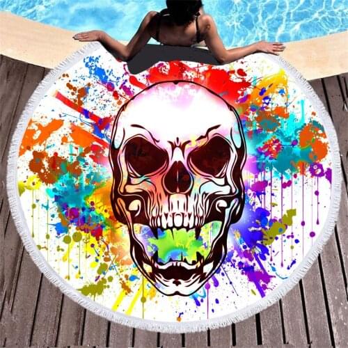 Modern Color Skull Digital Printing Abstract Beach Towel Microfiber Circular Tassel for Living Room Decoration 150cm