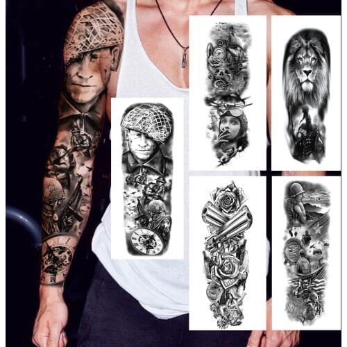 American Soldiers Army Compass Temporary Tattoo Sleeve For Men Women Aviator Lion Gun Fake Tattoo Full Arm DIY Waterproof Tatoos
