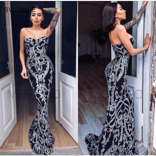Strapless Sexy Mermaid Long Evening Dress Sleeveless Sweetheart Prom Party Evening Formal Gown Black White Vestido Robe