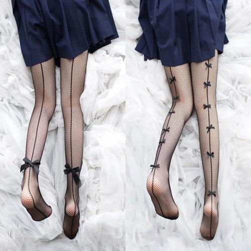 Ladies Sexy Fishnet Stockings Pantyhose Lolita Thigh High Socks with Bow Back with Vertical Bowknot Mesh Fishnet Stockings Sexy