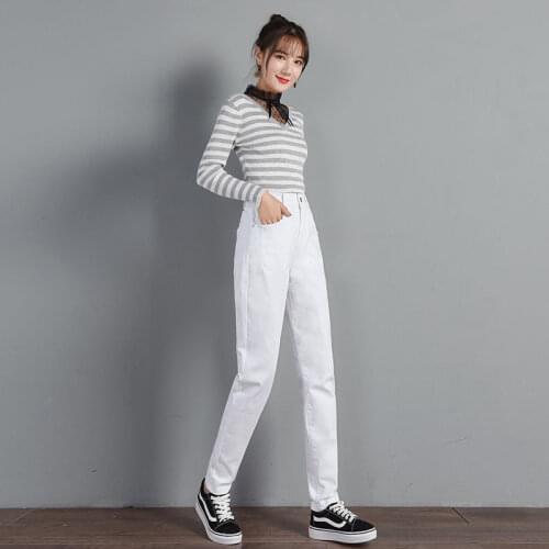 Loose White Jeans Women 2021 New Elastic High Waist Straight Jeans Summer Thin Plus Size Cotton Denim Harem Pants Black 463