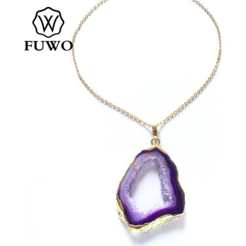 FUWO Fashion Purple Druzy Geode Slice Necklace With 24K Gold Filled Brass Chain High Quality Anti-fading Bohemia Jewelry NC063