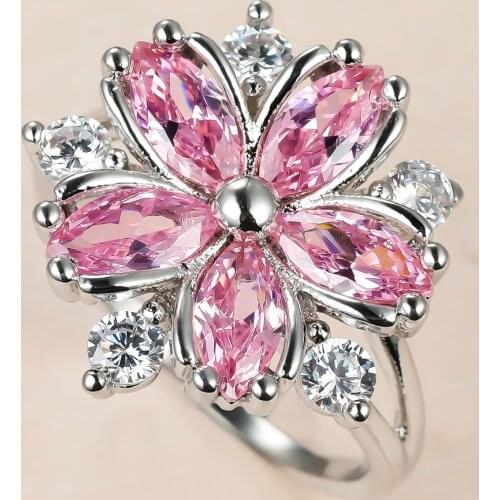 Dainty Bride Flower Zircon Engagement Ring Vintage Silver Color Thin Wedding Ring Cute Female Pink Crystal Stone Rings For Women
