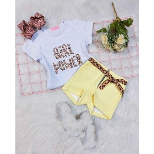 1-5Y Fashion Infant Baby Girls Clothes Sets Letter Leopard Print Short Sleeve T Shirts Tops+Solid Shorts 2pcs