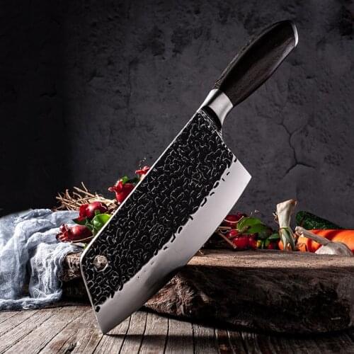 Forged Slicing Kitchen Knife Handmade Hammer Grain Craft Black Chicken Wing Handle Sharp 5Cr15 Stainless Steel Slitting Cutter