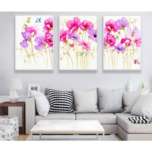 Beautiful watercolor flower butterfly triple hanging painting frameless painting decorative paintings for living room
