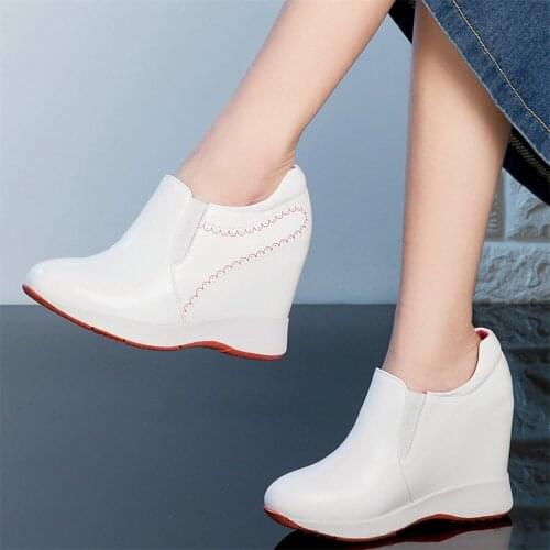 US9 Fashion Sneakers Women Genuine Leather Wedges High Heel Motorcycle Boots Female Round Toe Platform Pumps Shoes Casual Shoes