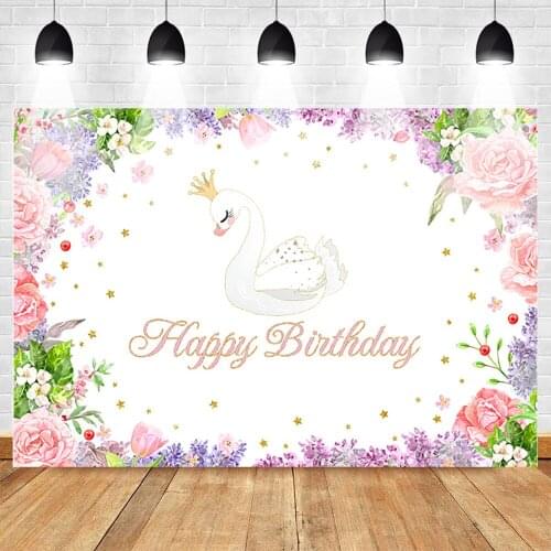 Mehofoto White Swan Happy Birthday Backdrop for Photography Purple Lavender Pink Flowers Birthday Banner Background Golden Stars
