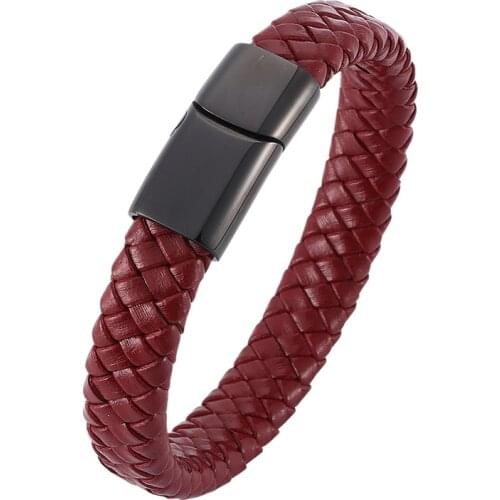 2019 Men Bracelet Wine Red Leather Braided Bracelet Male Handmade Jewelry Punk Stainless Steel Magnetic Clasp Man Bangles SP0021