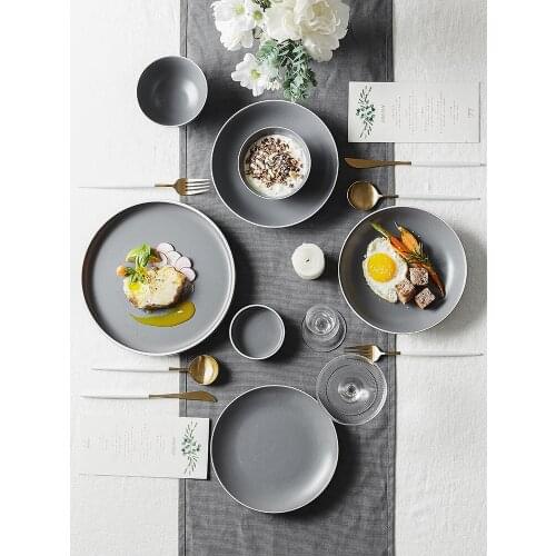 Nordic bowls and plates set creative dinner plates rice bowl household dish set restaurant matte gray breakfast buffet tableware