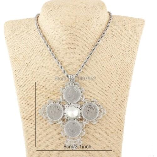 New Ethiopia Big Coin Cross Pendants Necklaces Women Silver Plated Jewelry Africa Stone Ethiopian habesha Jewelry