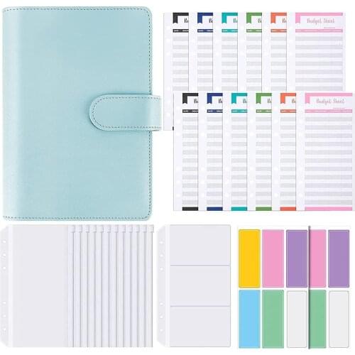 A6 PU Leather Binder Notebook Cover, Waterproof 6- Binder Refillable Notebook with 12 Budget Envelopes and 12PCS Expense Sheets