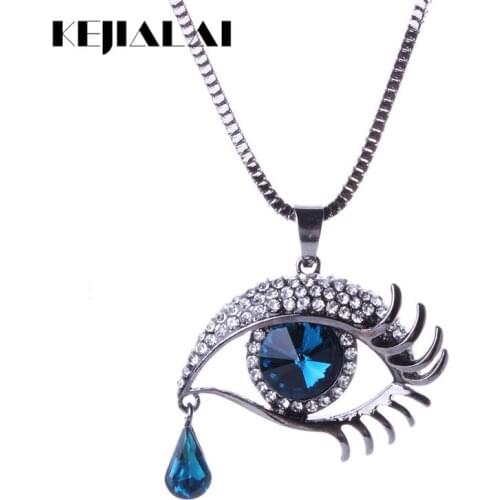 KEJIALAI Blue Eyes Crystal Teardrop Angel Tears Sweater Chain Neckalce Big Crystal Blue Eye Pendant Necklace Fashion QD-LX5982
