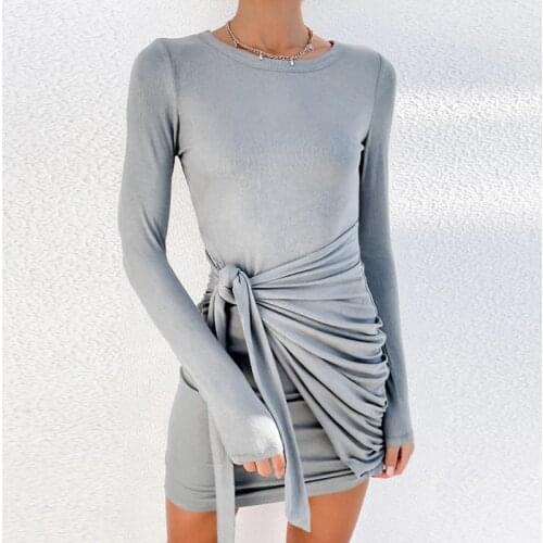 Casual Ruched Mini Dress Women 2021 Fashion Long Sleeve Round Neck Dress Solid Simple Wrap Tie Up Dresses With Sashes Clothes