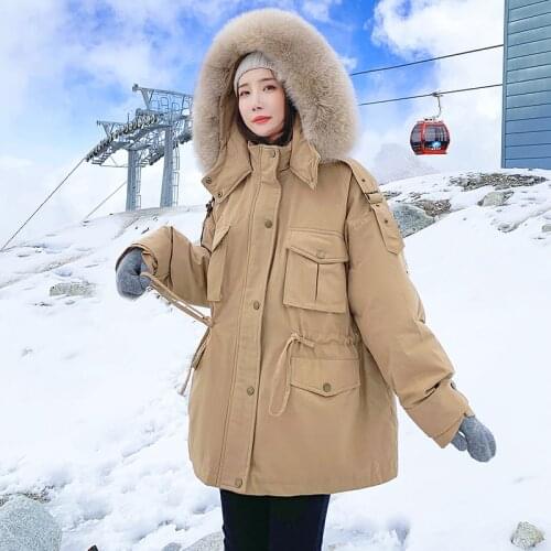 2021 Huge Real Fox Fur Winter Women Down Parka Female Hooded Thick Warm Puffer Jacket Ladies Casual Snow Coat Adjustable Waist