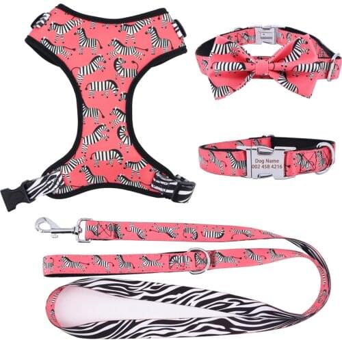 Pink zebra dog collar bowtie with leash,matching harness for big, small dog with rose gold metal buckle