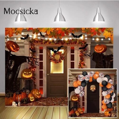 Halloween Pumpkin Lantern Backdrop Decorations Candle Maple Leaf Birthday Portrait Background Bat Skull Wooden House Photography