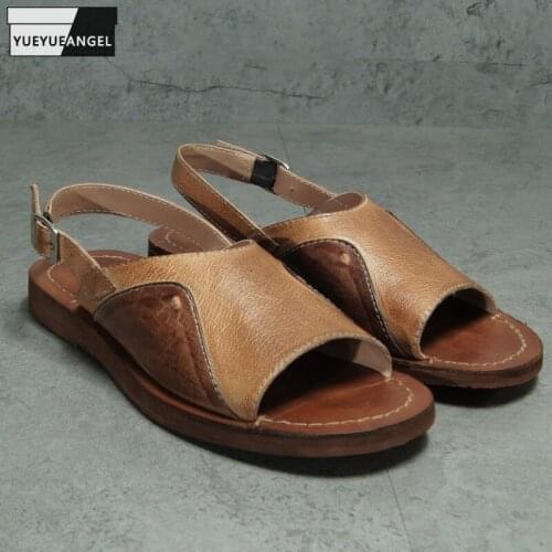 Vintage Summer Mens Open Toe Cowhide Genuine Leather Sandals Male Handmade Designer Flats Gladiator Shoes Casual Beach Sandals