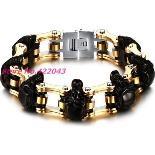 High Quality! 16mm wide Skull Bracelet 316L Stainless Steel Gold Black Mens Bracelet Biker Motorcycle Hand 9" Chain Wholesale