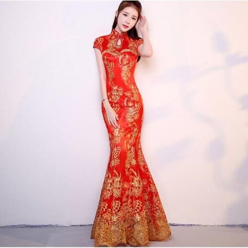 2018 New Womens Qipao Red Chinese Wedding Dress Women Short Sleeve Cheongsam Gold Slim Chinese Traditional Fishtail Dress