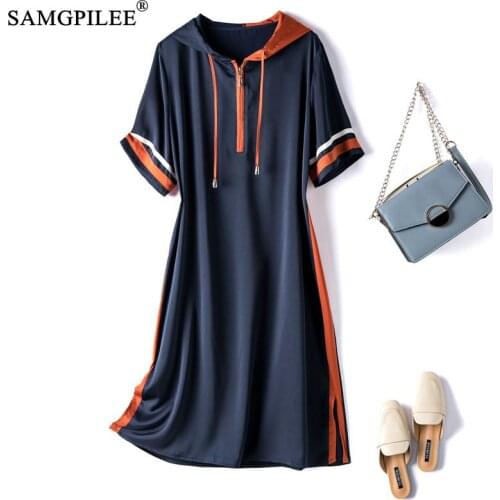Summer Women Clothing 2021 New Fashion Korean Style Side Stitching Acetate Fabric Hooded Collar Short-sleeved Dresses Plus Size