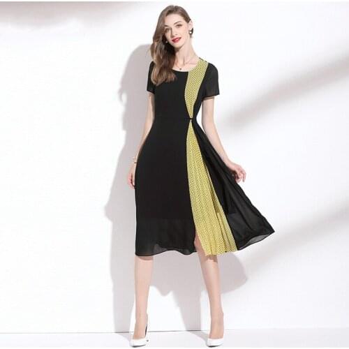 Summer Dress M-XXL 2021 NEW OL Womens Simple Patchwork Round Neck Short Sleeved Slim Lace-up Waist Elegant Dress Chiffon Midi