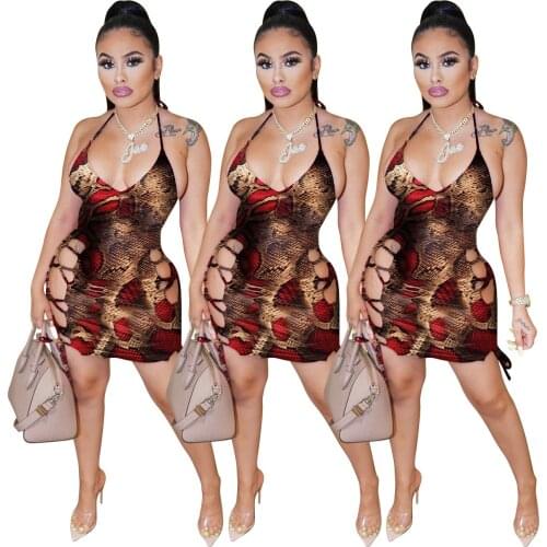 Dress Womens 2021 Summer New Trend Sexy Snake Skin Pattern Sling Red Short Skirt V Neck Sleeveless Hollow Design Open Back