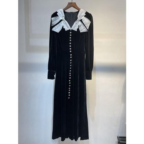 Top Quality New Velvet Long Dress 2021 Autumn Winter Evening Party Women V-Neck White Bow Deco Long Sleeve Black Velour Dress