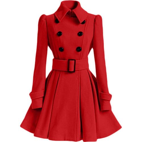 Winter Woolen Red Coat Windbreaker Women Bandage Top Wool Blend Girls Dress Jacket Double Breasted Thick Ladies Tops Multicolor