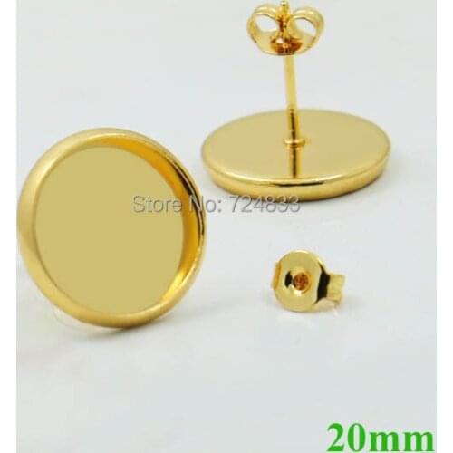20mm Golden tone Plated Brass Blank Bases Round Bezel Pin Stud Earrings Post w/ Stopper Back Settings Findings Craft Wholesale