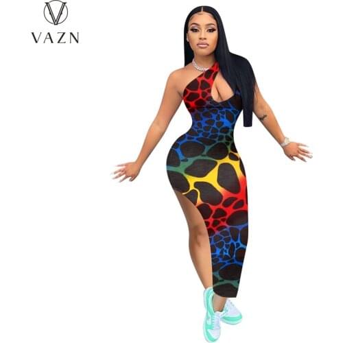VAZN 2021 INS One Off Shoulder Hollow out Sexy Club Bodycon Shinny Long Dress Young Slim Young Women Thin Maxi Dress