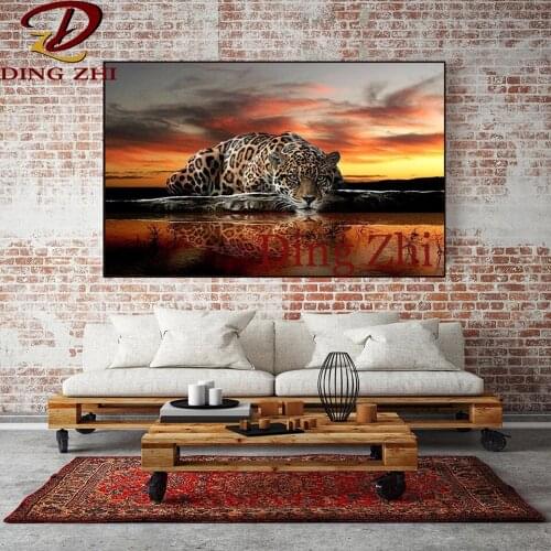 High Quality Animals 5D Diamond Painting Leopard Reflection In Water Wall Art Embroidery Cross Stitch Square Round Drill Mosaic